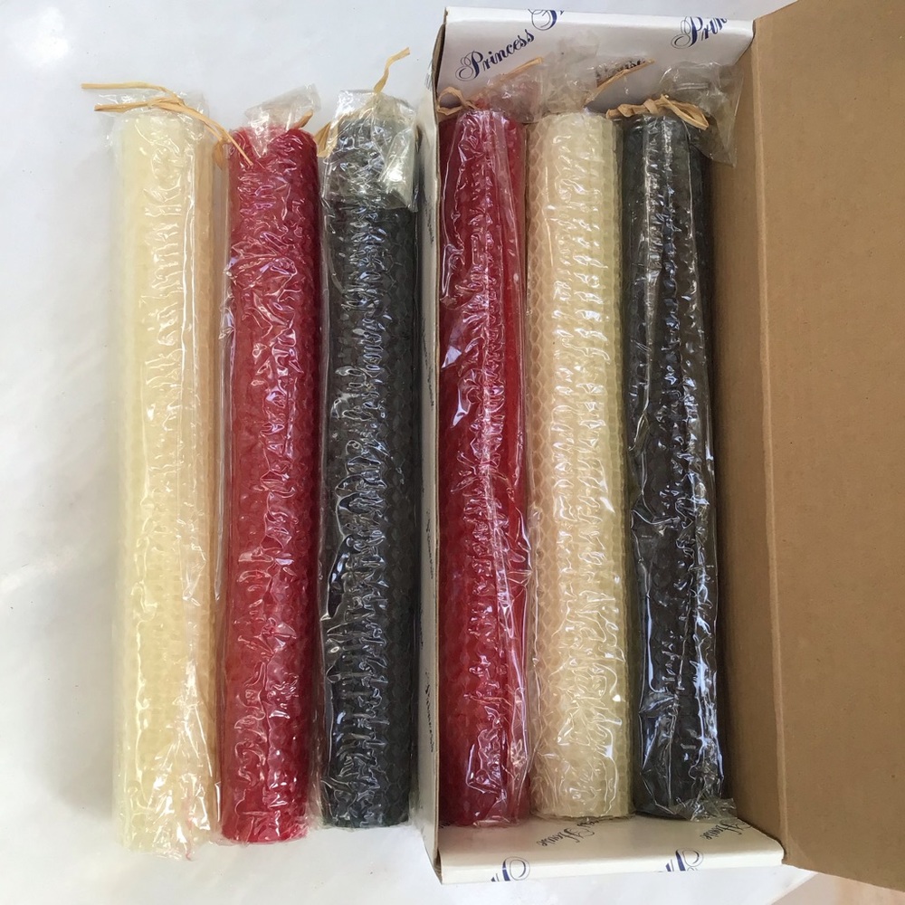 NEW Vintage Princess House 8” Red, Ivory & Forest Green Beeswax Taper Candles